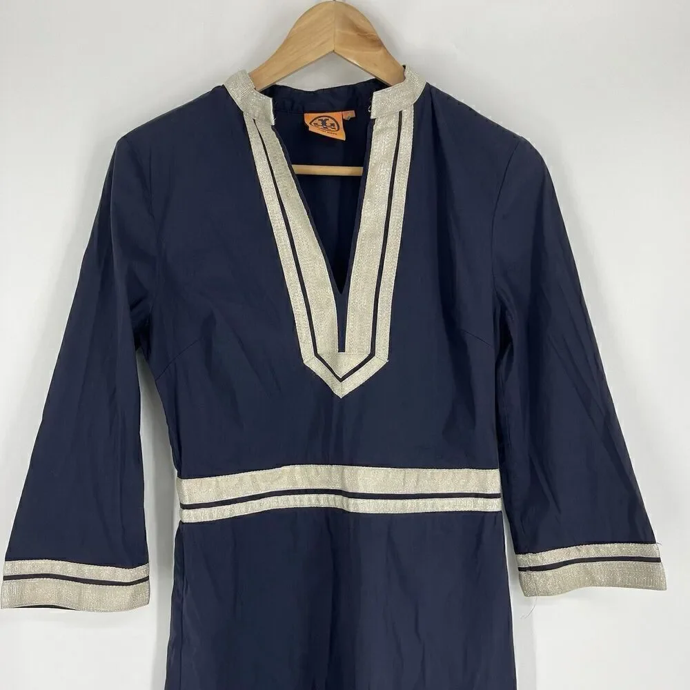Tory Burch Dress Size 2 Navy Tunic Cotton Sheath Cruise 3/4 Sleeve Stretch